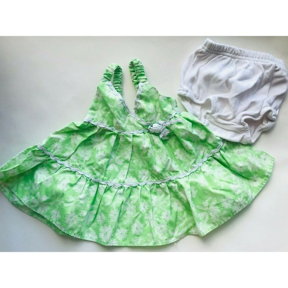 Girls Size 3M 0-3 Months Two Piece Green Floral TKS Dress + White Diaper Cover - Picture 1 of 8